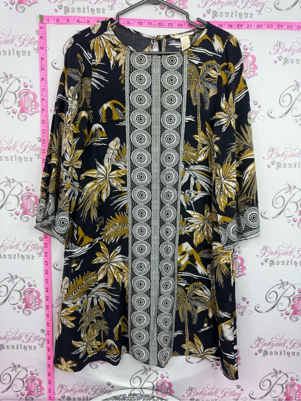 H&M dress tiki Black Tunic with Mustard & Cream Tropical Print